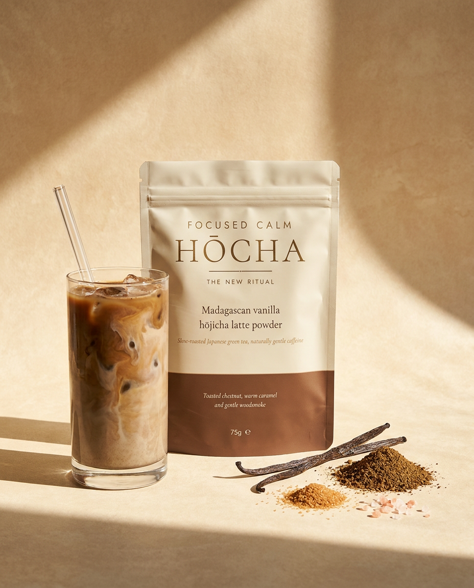 An iced hōjicha latte in a tall glass beside the HŌCHA pouch