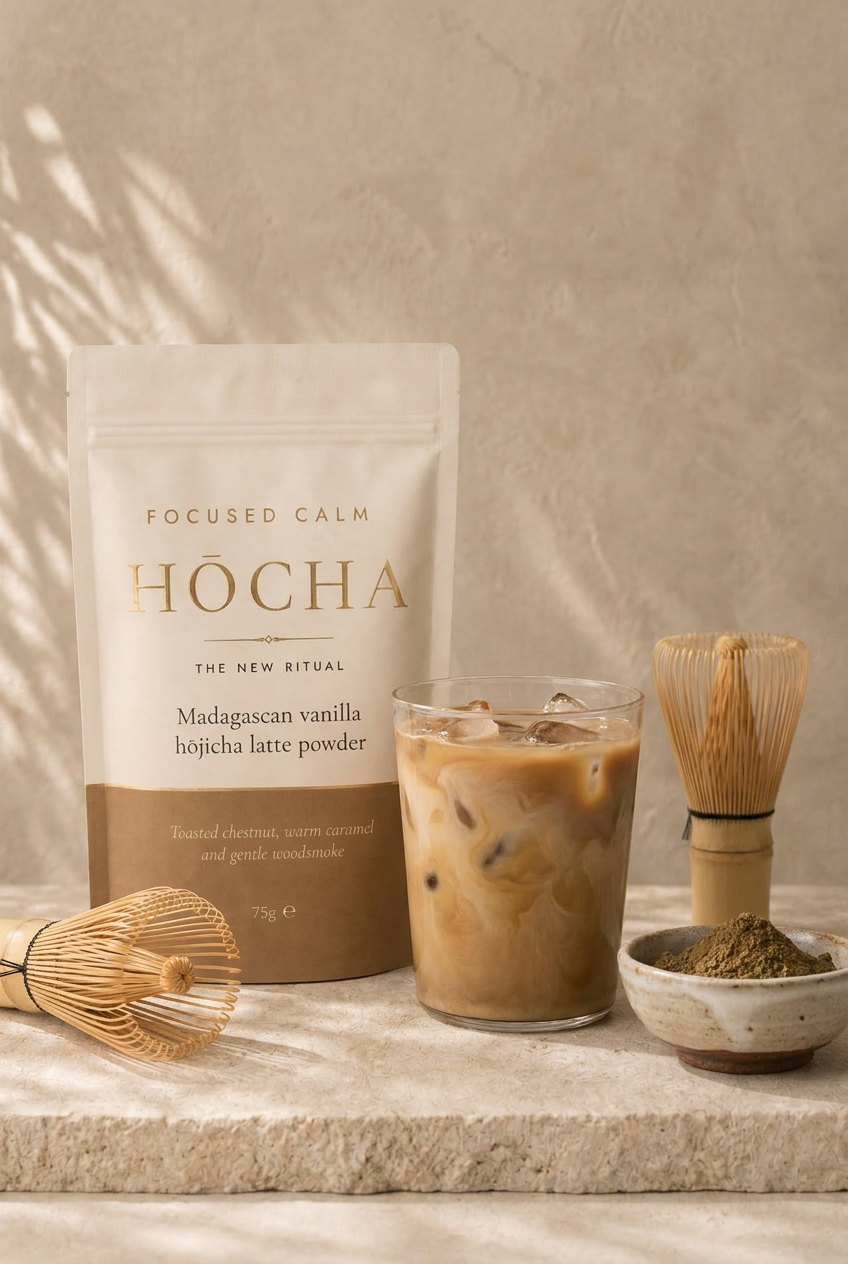 An iced h\u014djicha latte in a tall glass beside a bamboo whisk, soft afternoon shadows on a parchment wall