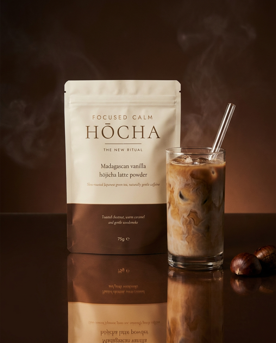 The HŌCHA pouch beside an iced hōjicha latte in low evening light