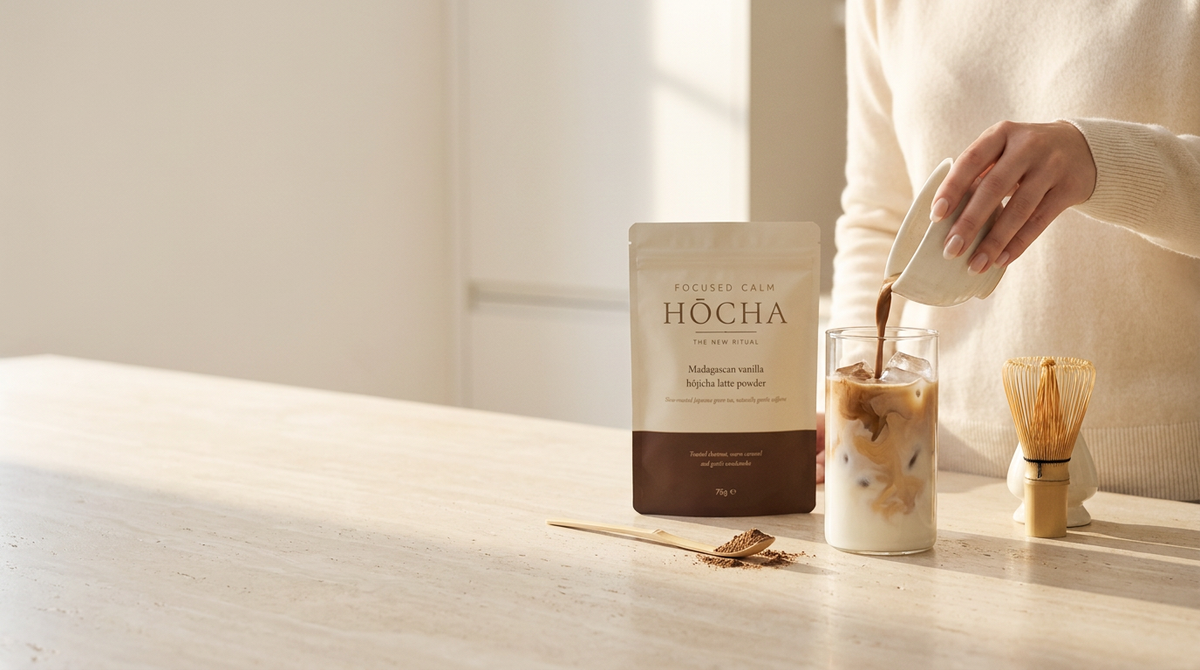 Hands pouring freshly whisked hōjicha into a glass of iced milk beside the HŌCHA pouch in warm morning light