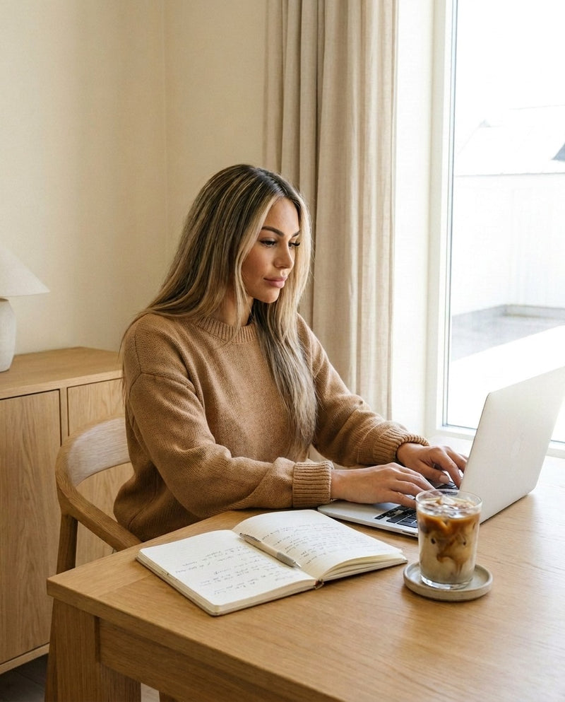 A woman working at her laptop with an iced hōjicha latte