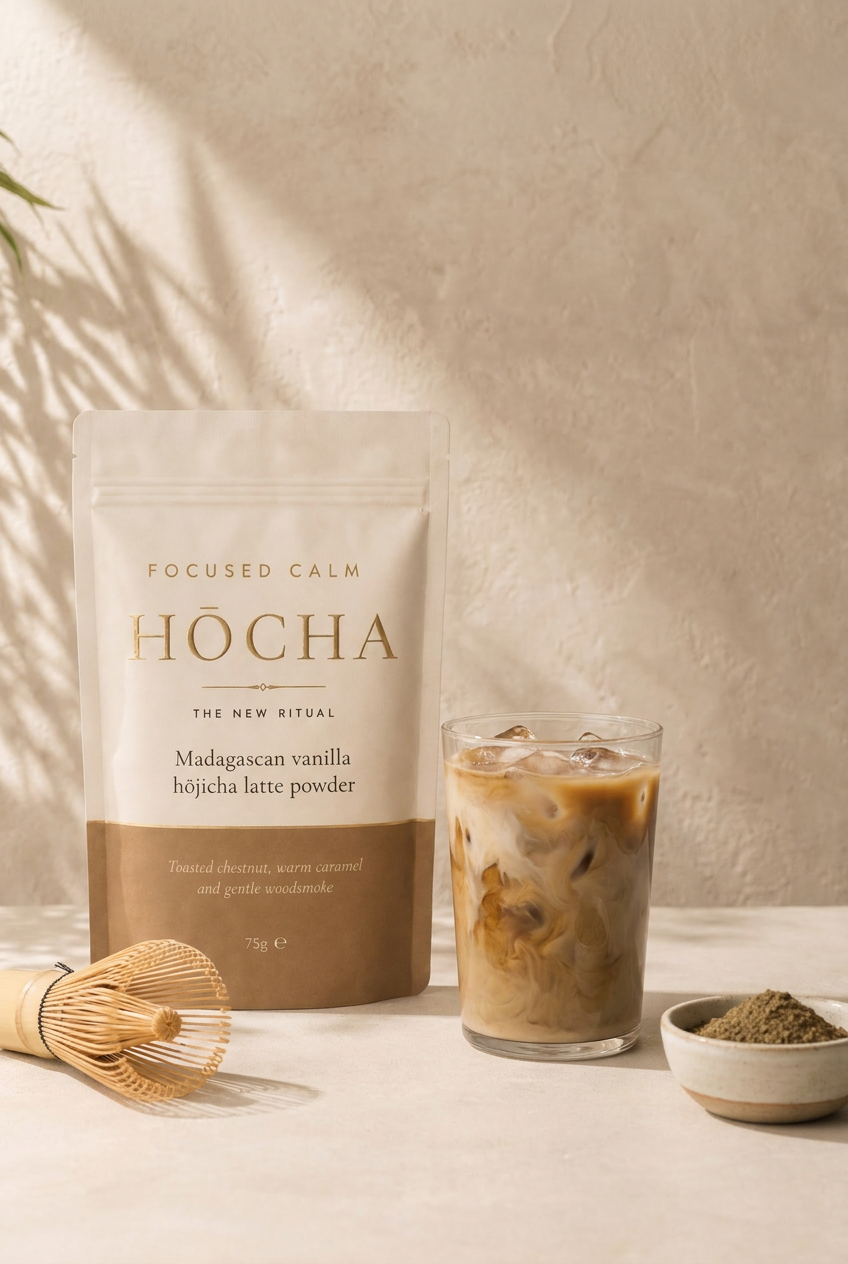An iced hōjicha latte in a tall glass beside a bamboo whisk, soft afternoon shadows on a parchment wall