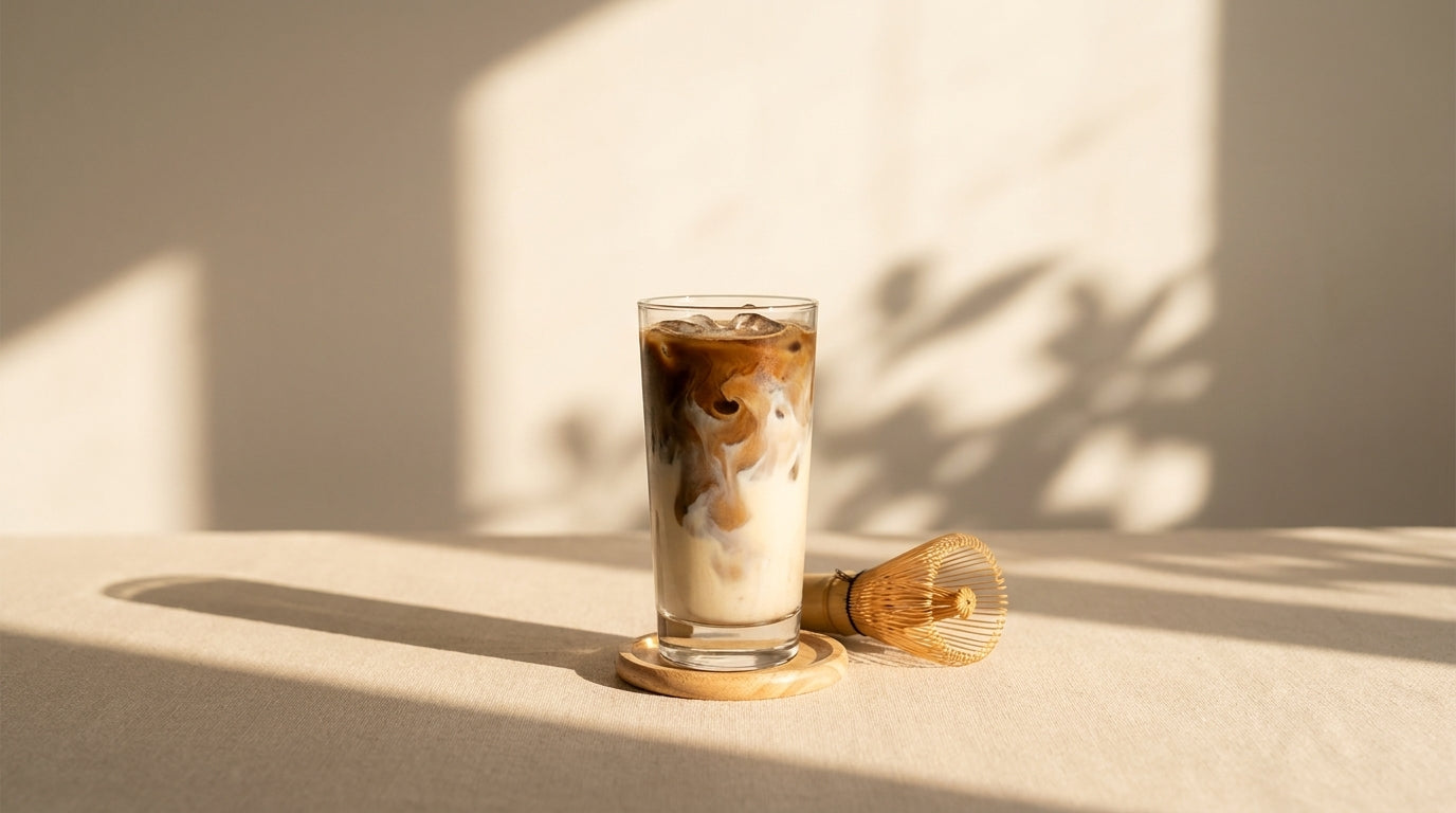 An iced h\u014djicha latte in a tall glass beside a bamboo whisk, soft afternoon shadows on a parchment wall