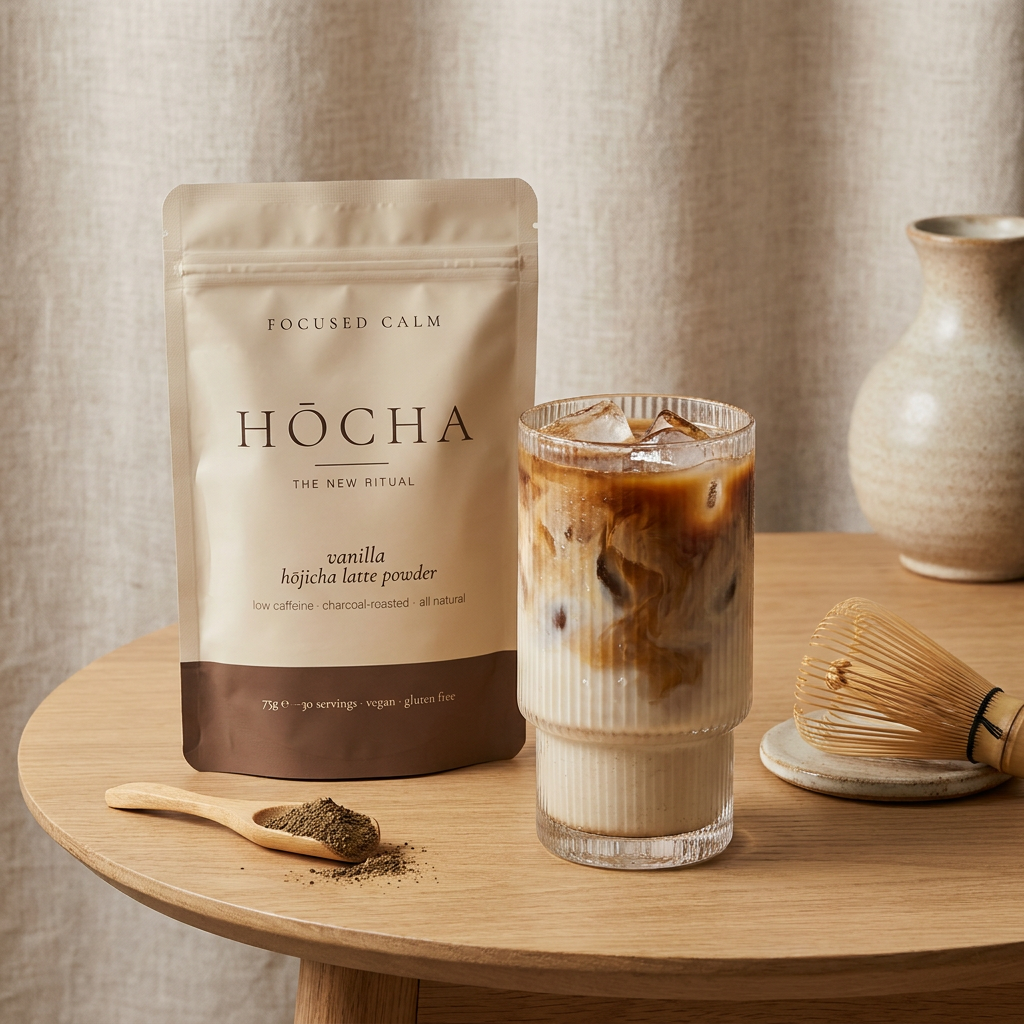 The Hōcha 75g pouch beside an iced hōjicha latte and bamboo whisk