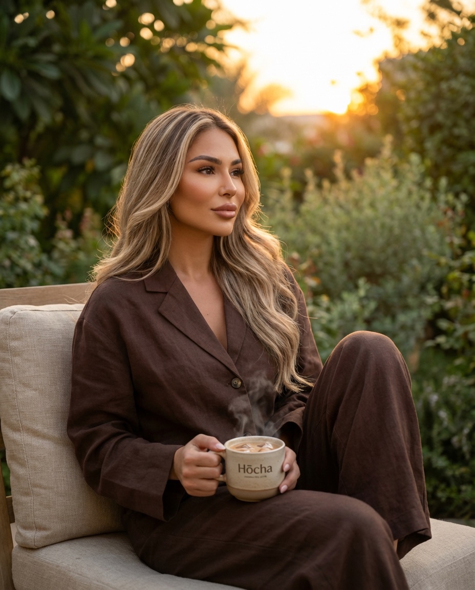 Zoey Evans, founder of Hōcha, sitting peacefully in garden with warm cup at golden hour