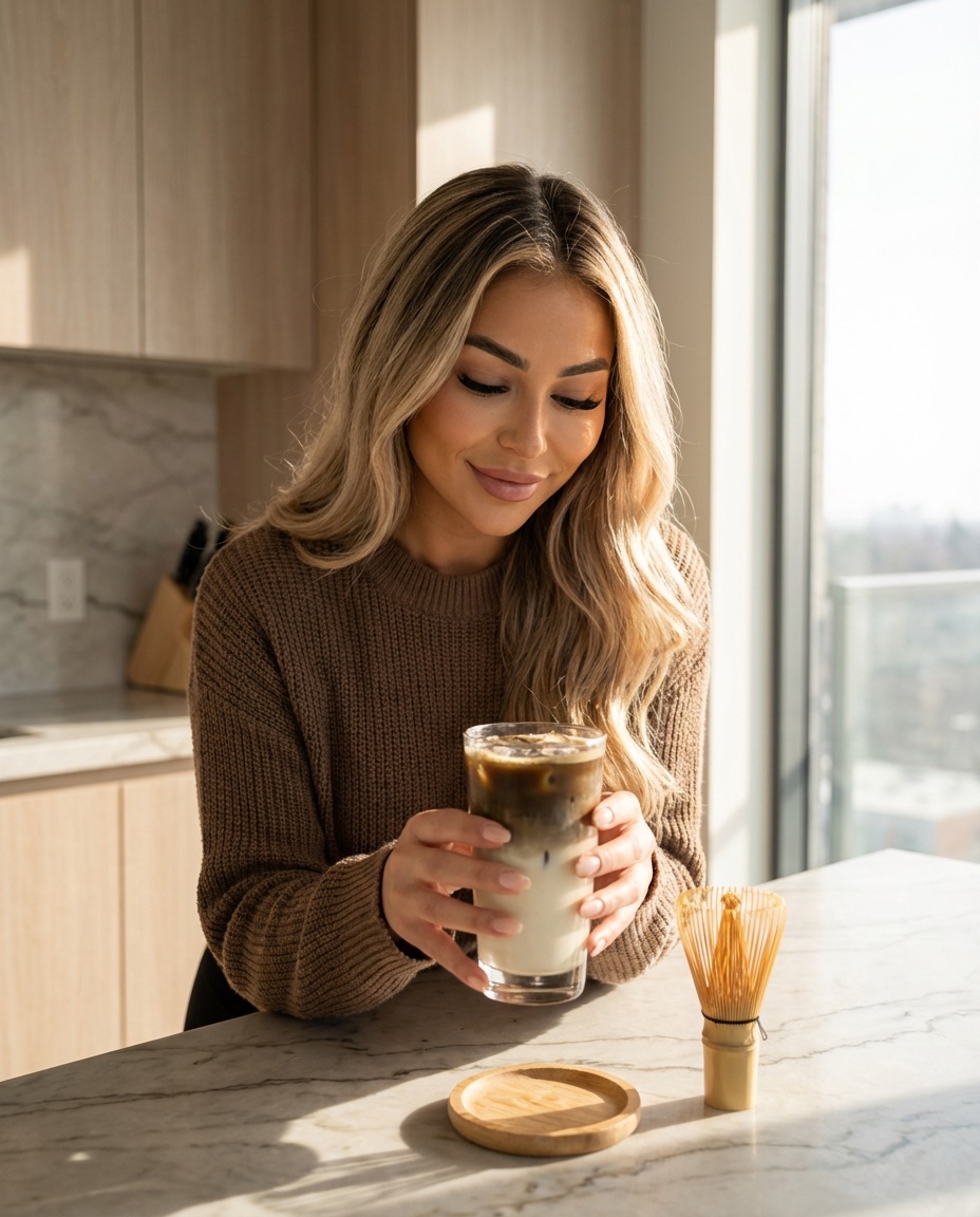 Zoey holding an iced Vanilla Hōcha Latte with whisk on marble counter