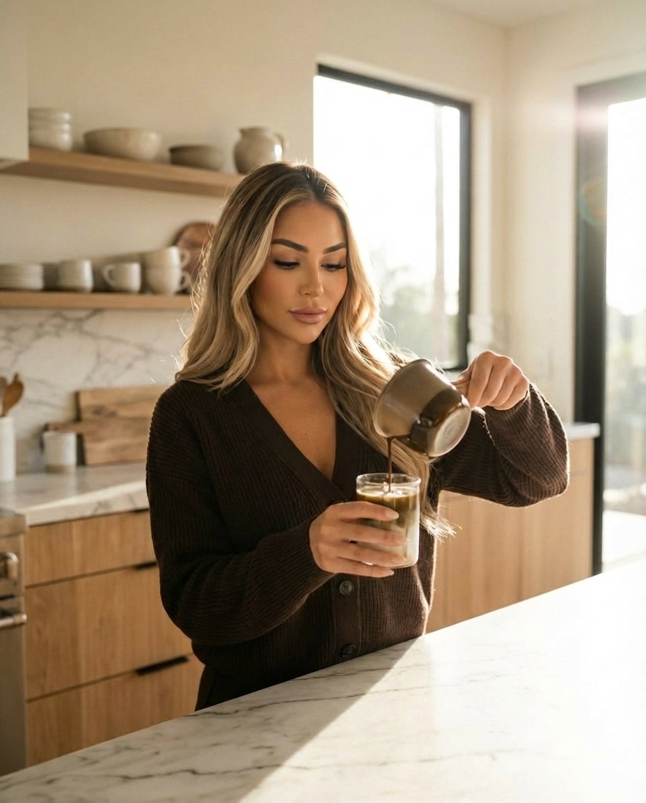Pouring a Hōcha iced latte — the ritual in motion
